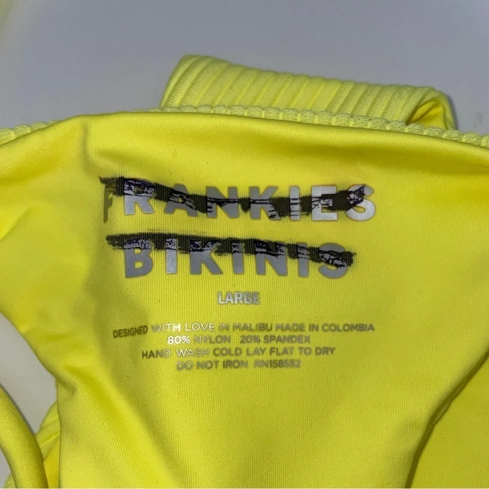 NWOT Frankie’s Bikinis yellow tie plisse ribbed thong bikini bottoms 12528